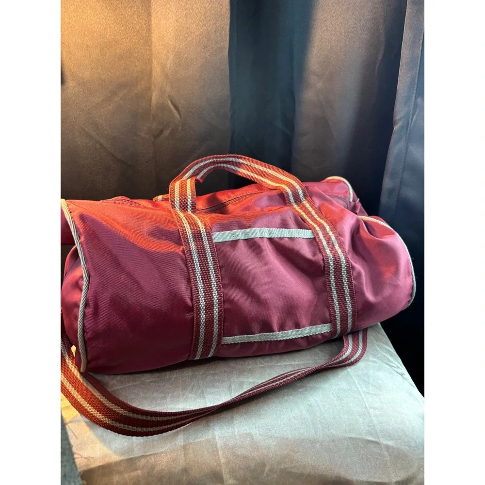 Vintage Brite Sac Burgundy Nylon Duffle Bag Striped Webbing Barrel Gym Travel